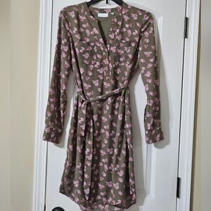 New York & Company Olive Pink Floral Long Sleeve Dress